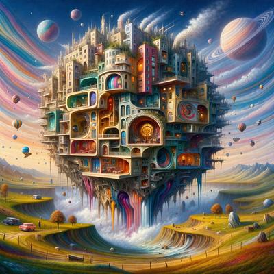 The primary subject of the image is a large, colorful building with many windows and doors. The building is situated in a lush green field, giving it a serene and natural setting. The visual style of the image is a combination of digital art and illustration, creating a vibrant and imaginative scene. The colors and mood of the image are predominantly warm and inviting, with the building's vivid colors and the green field creating a sense of harmony and tranquility.